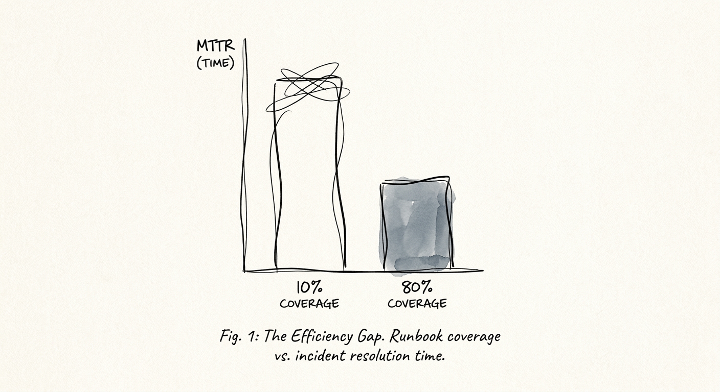Bar chart comparing MTTR times between organizations with 10 percent and 80 percent runbook coverage