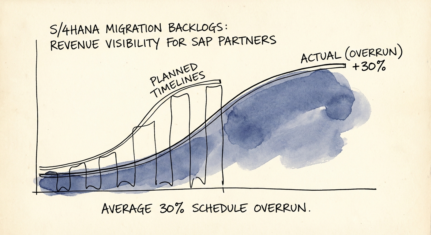 Chart showing the average 30% schedule overrun in S/4HANA migration projects vs planned timelines.