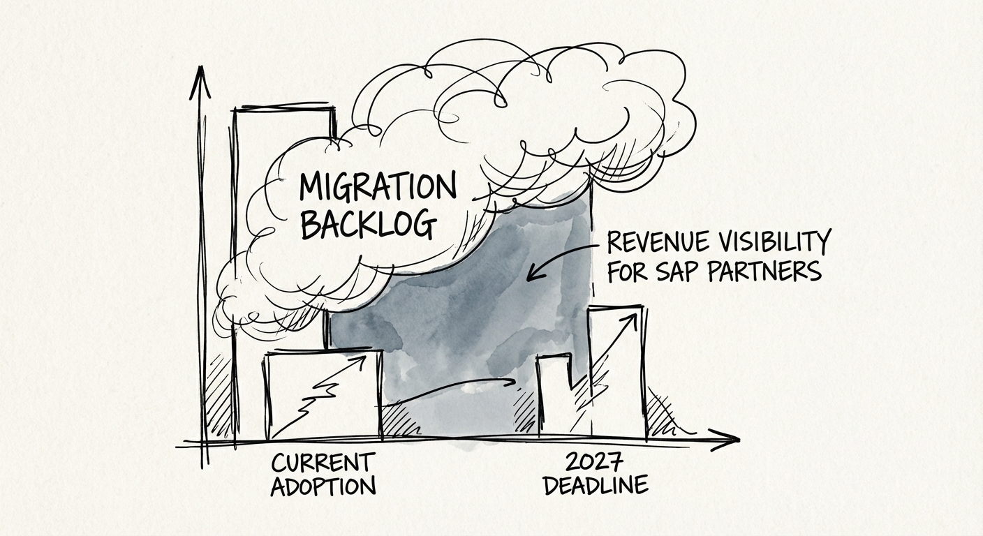 A graphical representation of the SAP S/4HANA migration backlog showing the gap between 2027 deadline and current adoption rates.