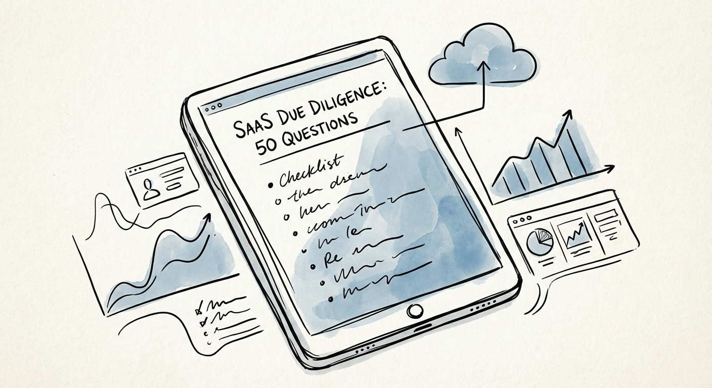 A structured checklist of SaaS due diligence questions on a digital tablet, surrounded by financial charts and analytics dashboards.