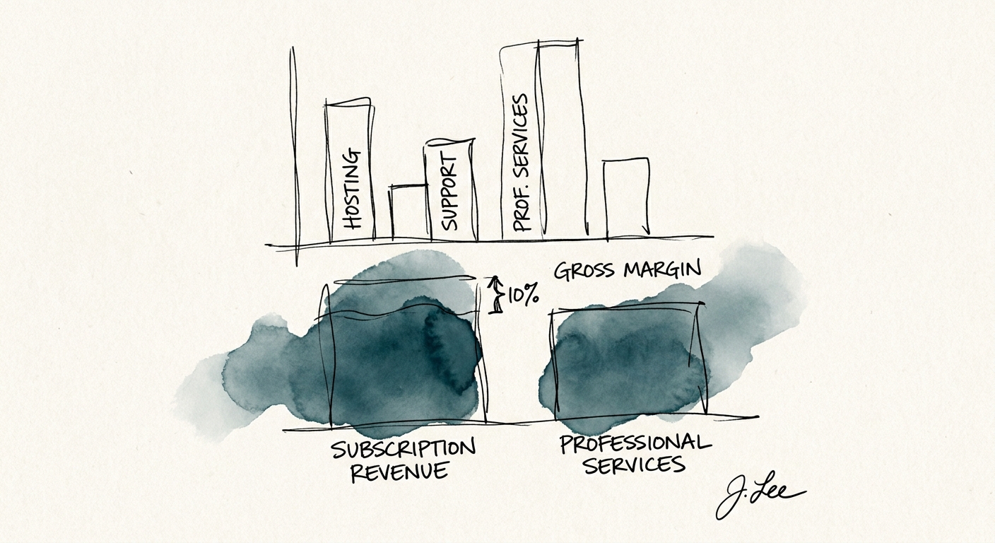 A bar chart comparing gross margins between pure subscription revenue and professional services revenue in B2B SaaS.