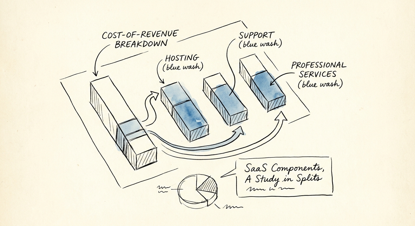 A detailed financial dashboard breaking down SaaS Cost of Revenue components including hosting, support, and professional services.