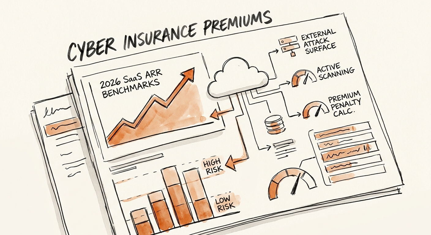 Dashboard showing active external attack surface scanning metrics used by cyber insurance underwriters to calculate premium penalties.