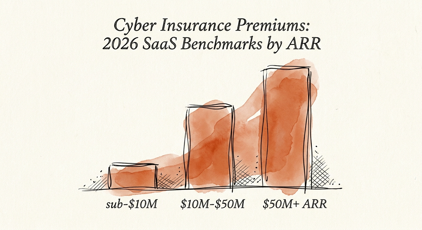 Bar chart comparing 2026 SaaS cyber insurance premiums across sub-$10M, $10M-$50M, and $50M+ ARR brackets, showing steep increases at the $10M mark.
