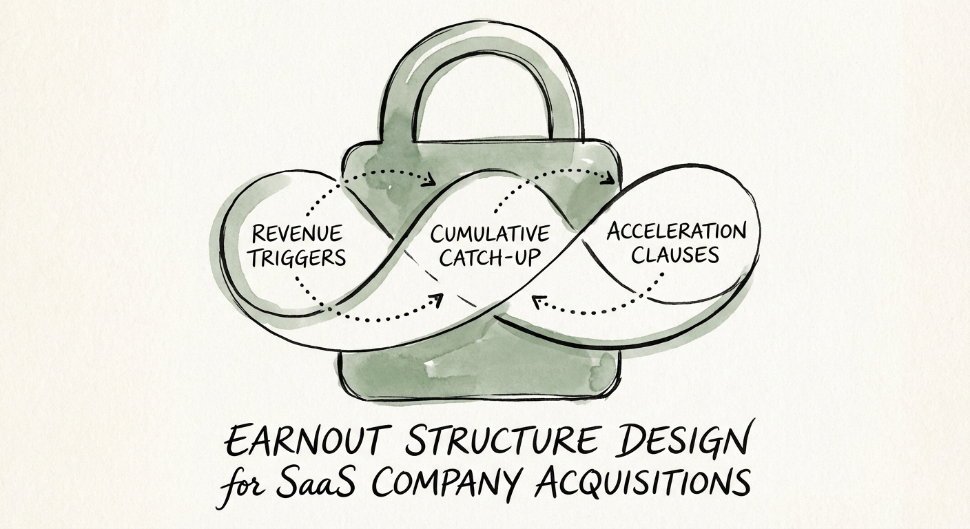 Diagram of a 'Triple-Lock' earnout structure featuring revenue triggers, cumulative catch-up, and acceleration clauses.