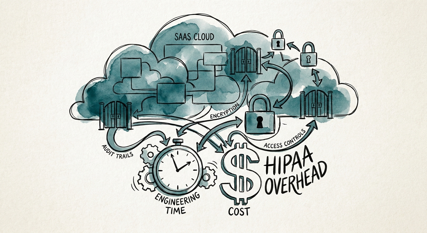 Abstract visualization of SaaS cloud infrastructure and ePHI compliance logging gates.