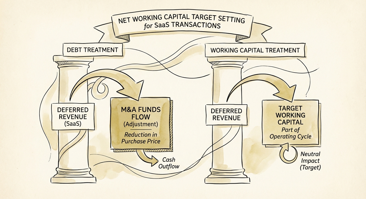 Visual diagram comparing 'Debt Treatment' vs. 'Working Capital Treatment' of Deferred Revenue in an M&A funds flow.