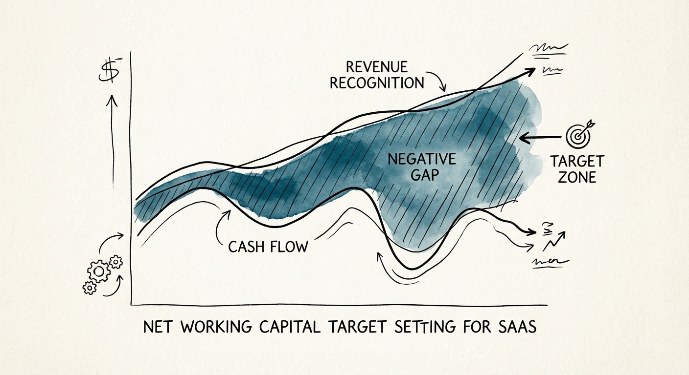 Chart showing the divergence between Cash Flow and Revenue Recognition in a scaling SaaS company, highlighting the negative working capital gap.