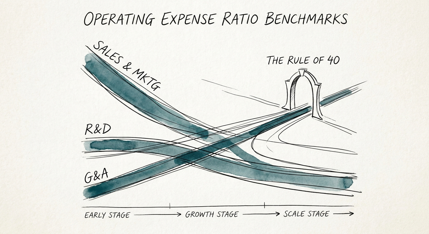 A breakdown of Sales and Marketing, Research and Development, and G&A expenses converging at the Rule of 40.