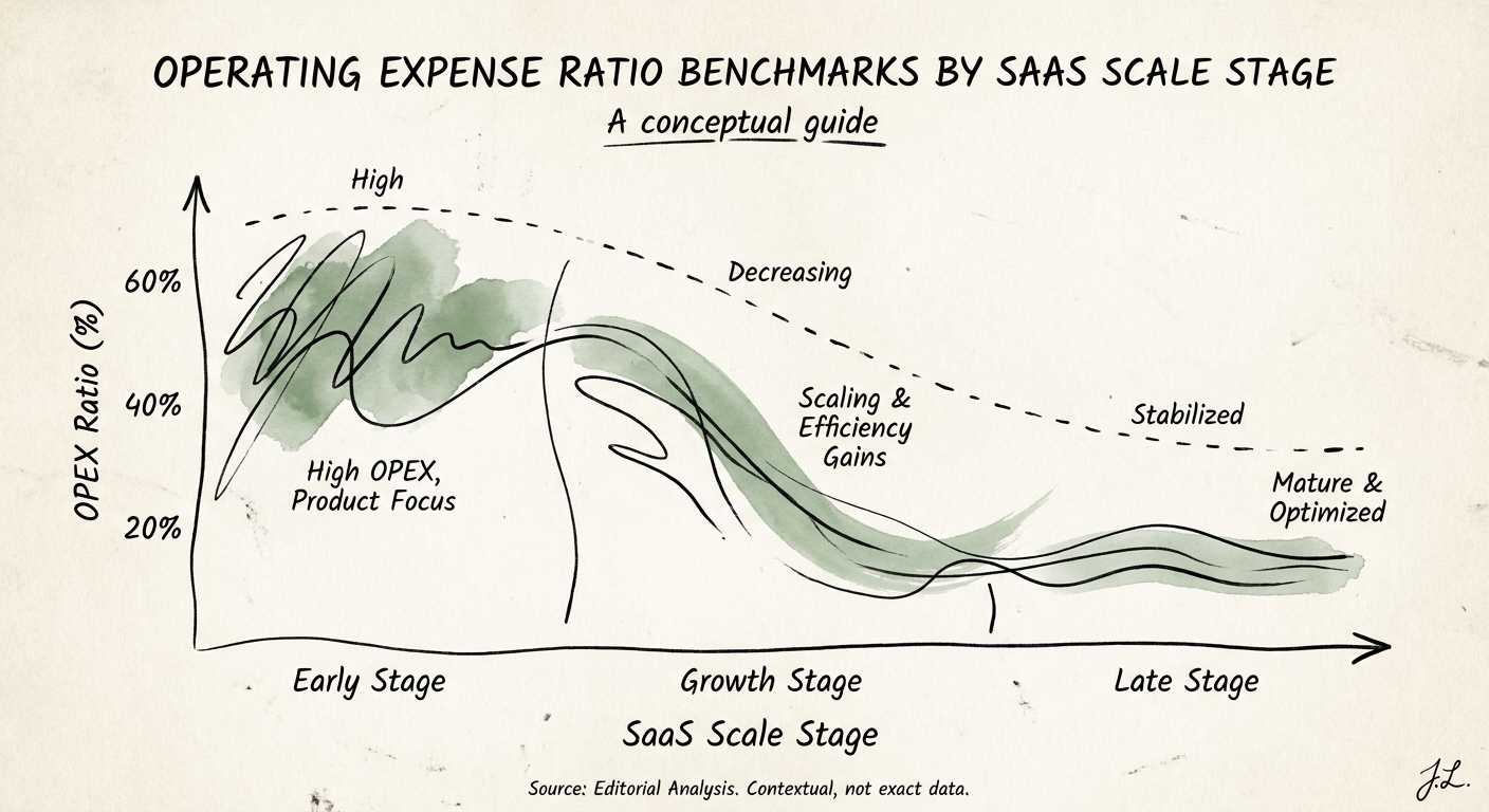 A chart displaying operating expense ratio benchmarks across different SaaS scale stages.