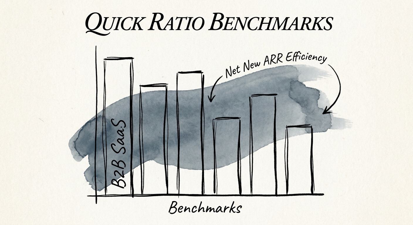 Bar chart comparing SaaS Quick Ratios across B2B software companies with net new ARR efficiency overlay.