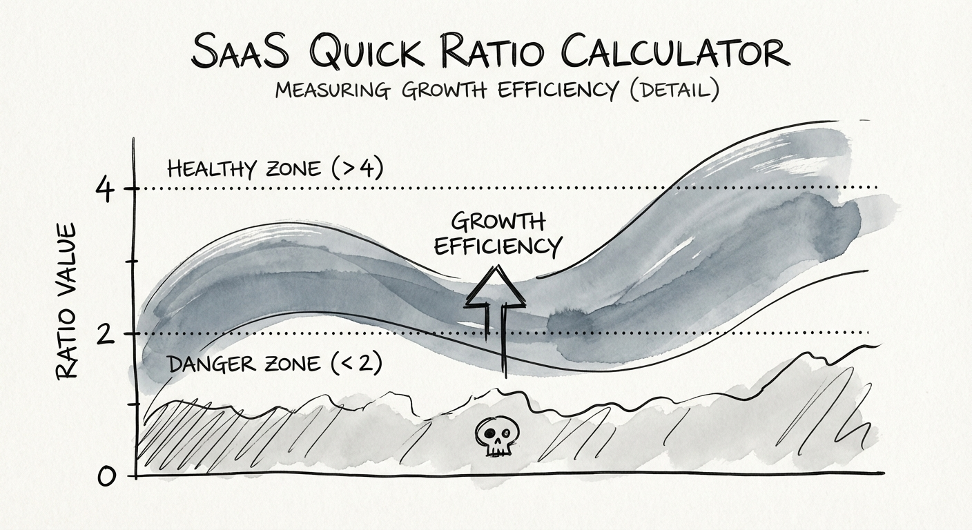Chart showing SaaS Quick Ratio benchmarks: Danger Zone under 2, Healthy Zone over 4.
