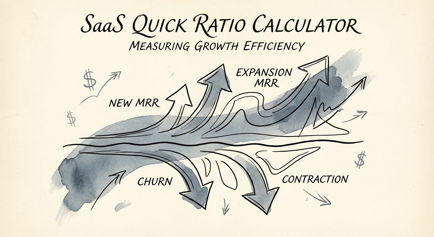 SaaS Quick Ratio Formula visualization showing New MRR plus Expansion MRR divided by Churn plus Contraction.