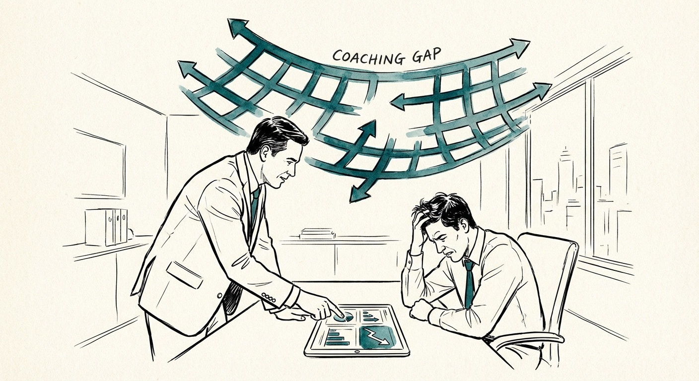 Sales manager reviewing performance data on a dashboard with a frustrated sales representative, indicating a coaching gap.