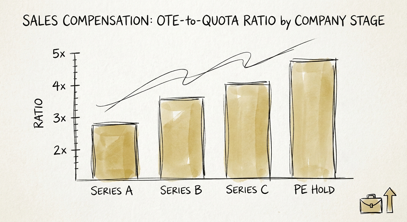 Bar chart illustrating OTE-to-quota ratios scaling from Series A to PE hold periods.