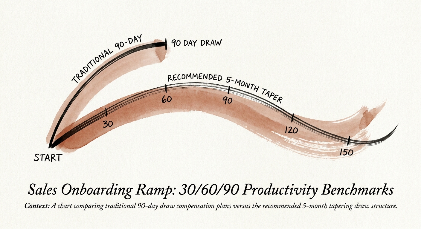 A chart comparing traditional 90-day draw compensation plans versus the recommended 5-month tapering draw structure.
