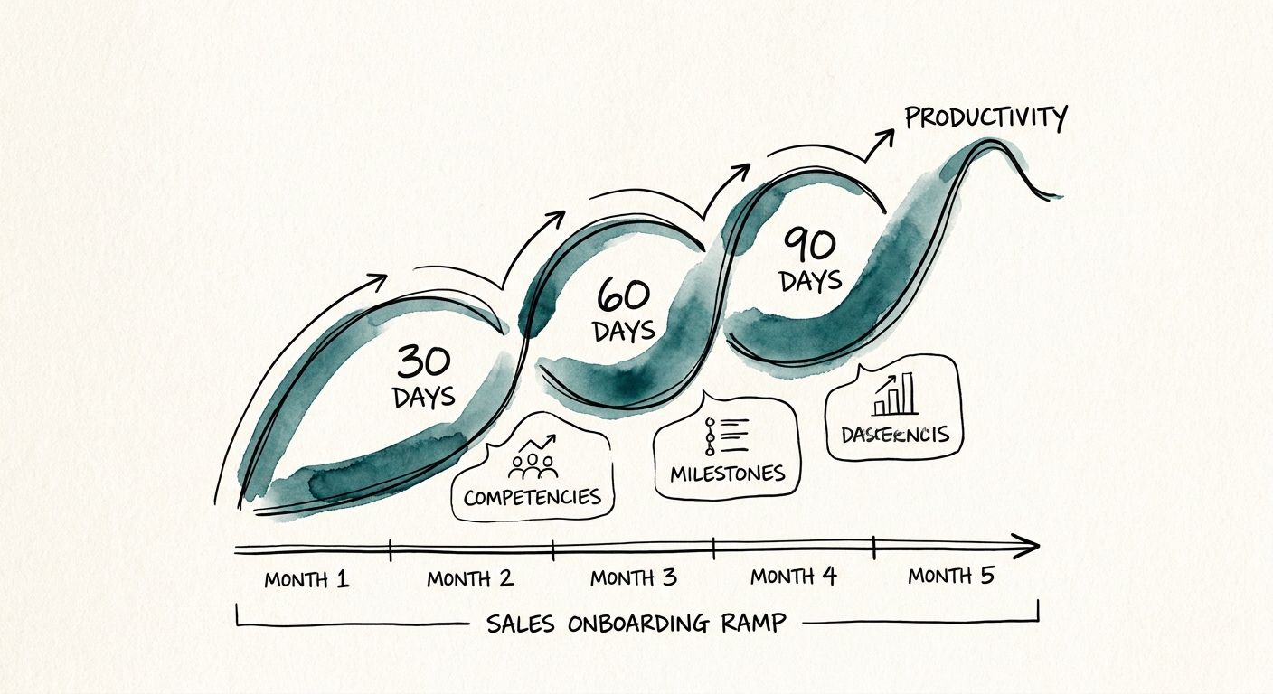 A dashboard showing sales rep onboarding competencies and productivity milestones against a 5-month timeline.