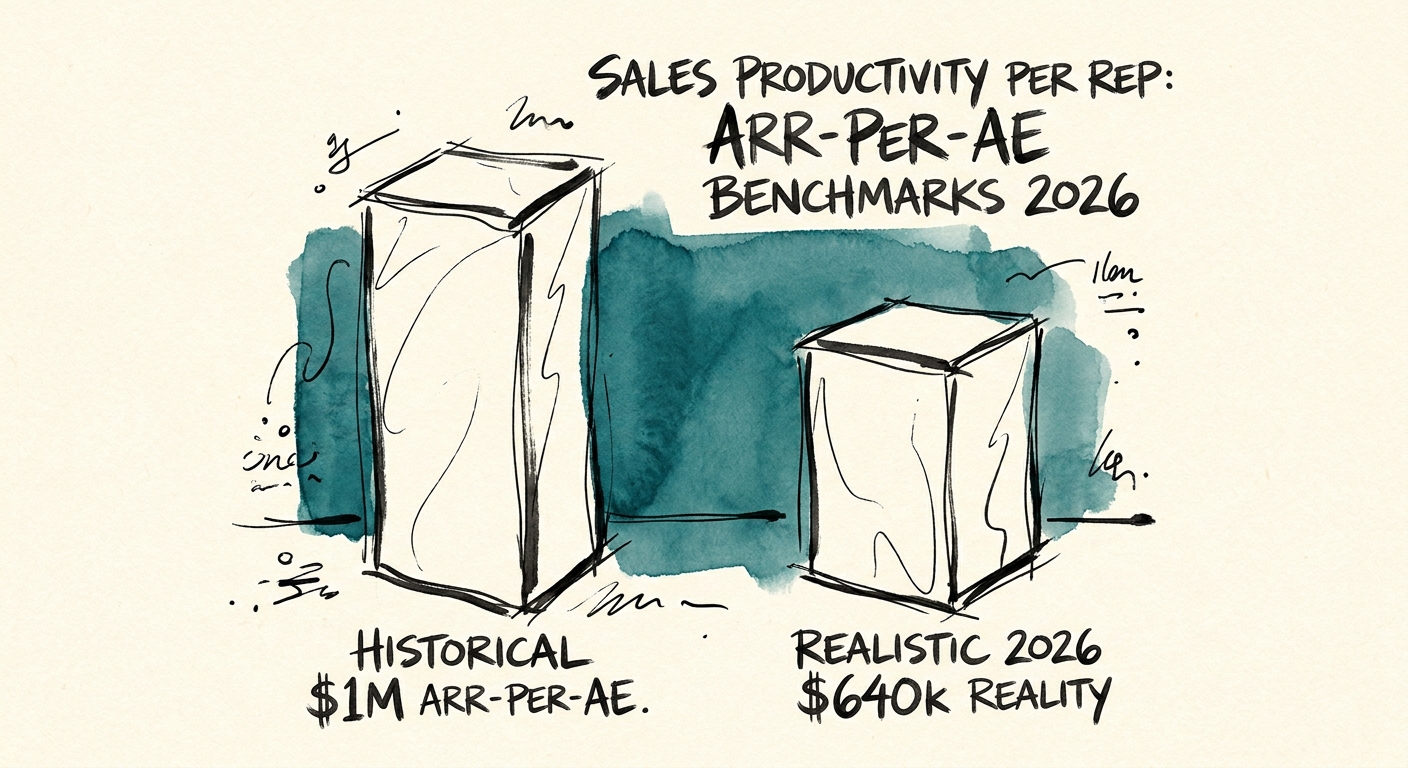 Bar chart comparing historical $1M ARR-per-AE benchmarks against the realistic $640k reality in 2026.