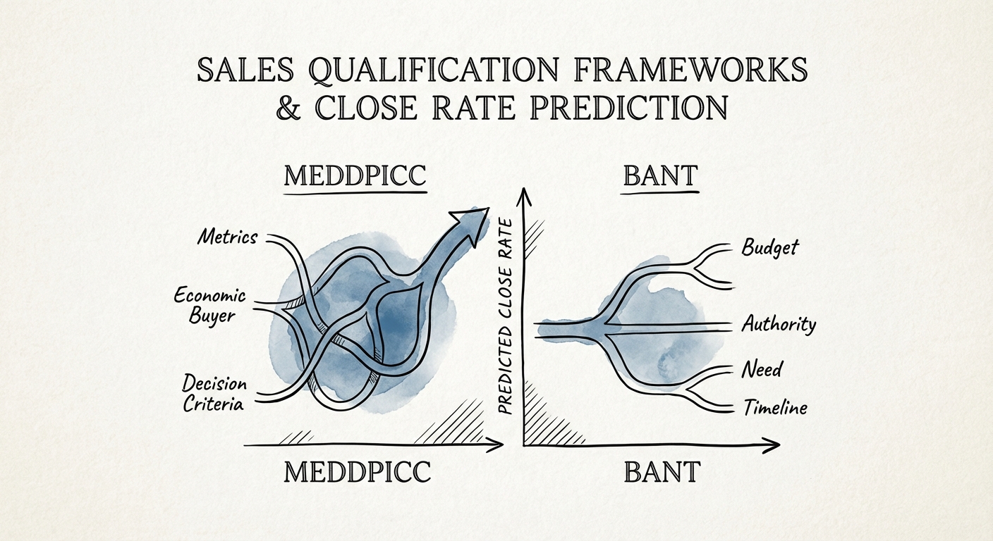 Sales qualification framework comparison chart showing close rates for MEDDPICC vs BANT