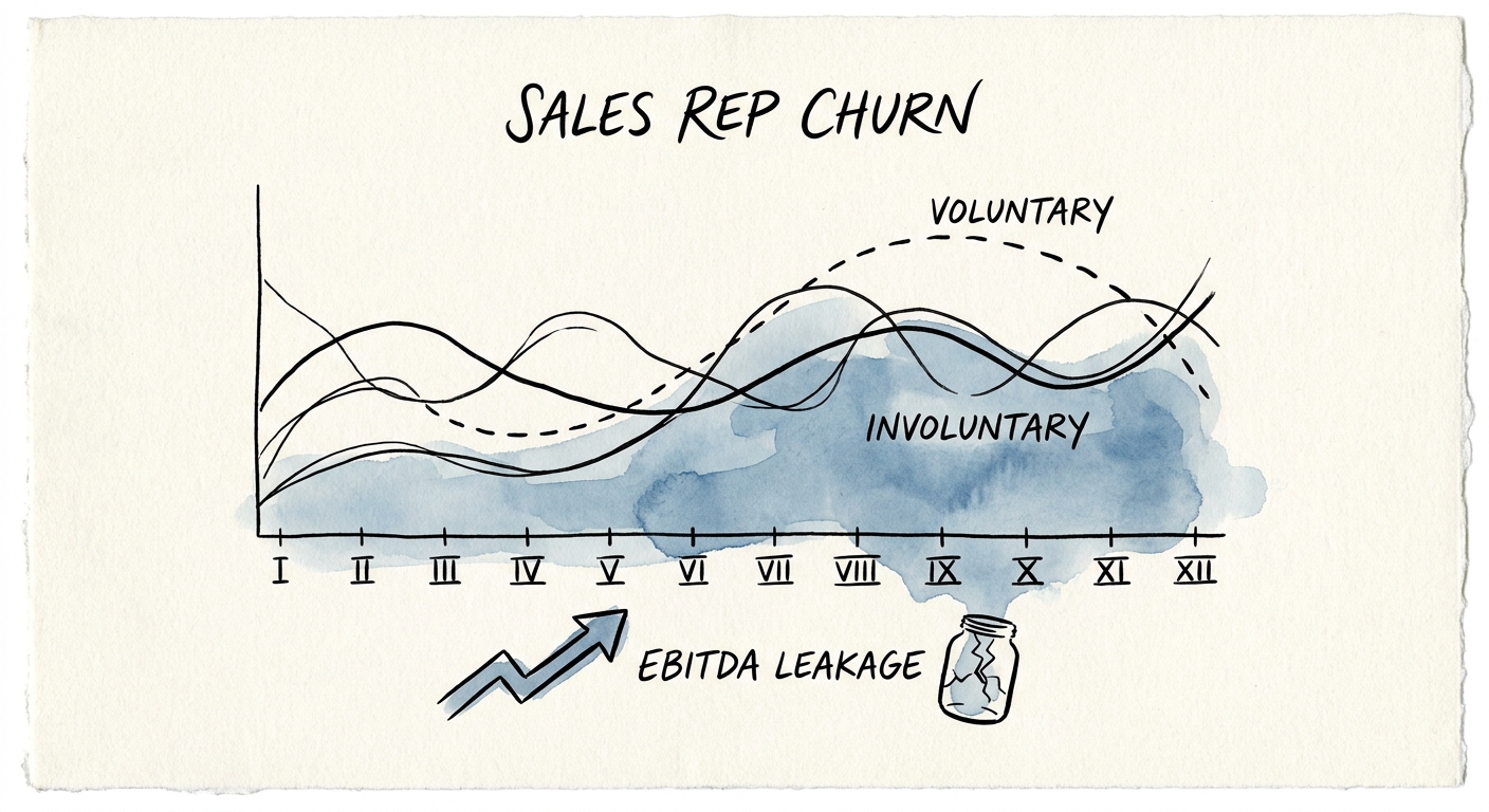 Line graph comparing voluntary vs involuntary sales rep churn rates leading to EBITDA leakage in B2B SaaS