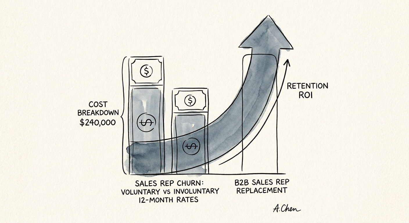Bar chart illustrating the $240,000 cost breakdown of replacing a B2B sales rep versus 12-month retention ROI