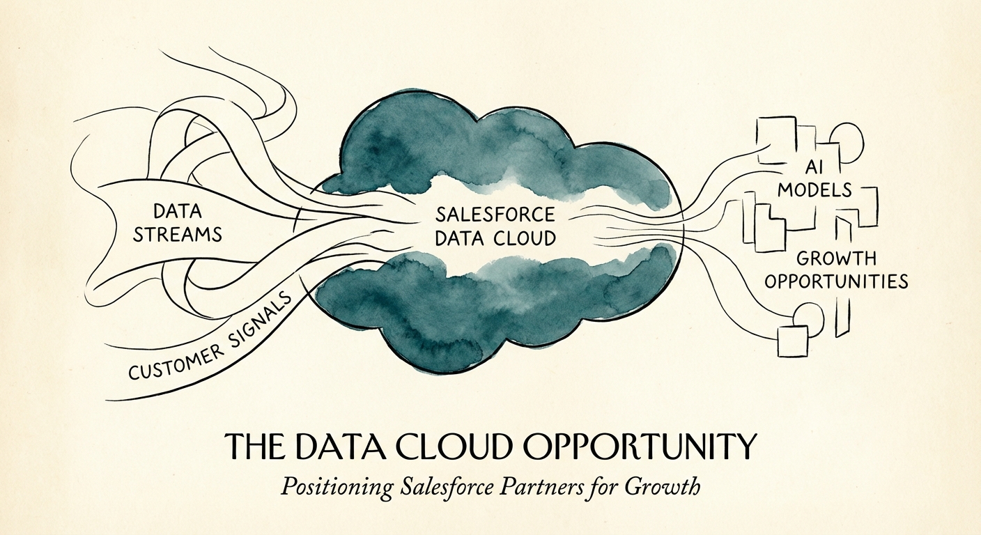 Salesforce Data Cloud architecture diagram showing data streams feeding into AI models
