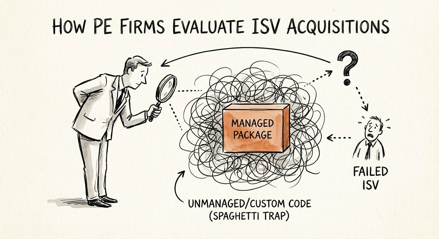 Diagram illustrating the 'Spaghetti Code' trap: Managed Package vs. Unmanaged Custom Code ratio in failed ISV acquisitions