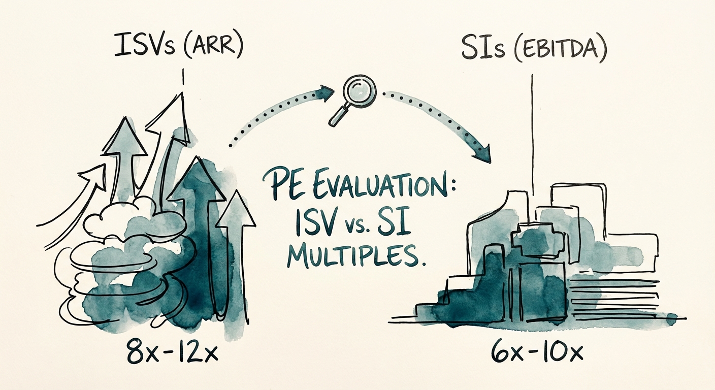 Chart showing valuation multiple spread between Salesforce ISVs (8x-12x ARR) and System Integrators (6x-10x EBITDA)