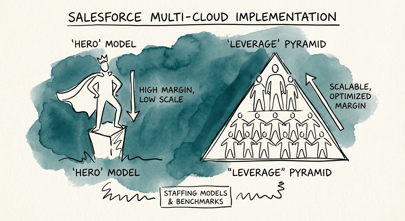 Diagram comparing 'Hero' staffing model vs 'Leverage' pyramid model for Salesforce implementation