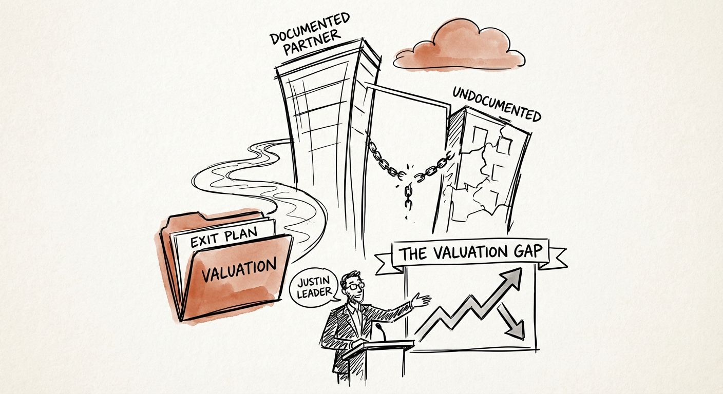 Justin Leader explaining the valuation gap between documented and undocumented Salesforce partners.