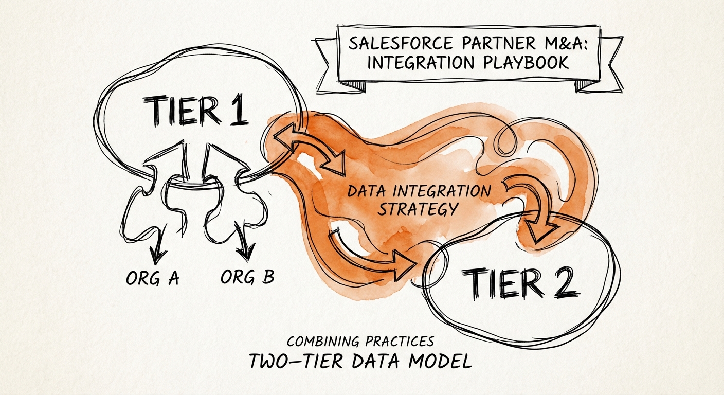 Diagram illustrating a 'Two-Tier' data integration strategy for merging Salesforce organizations.