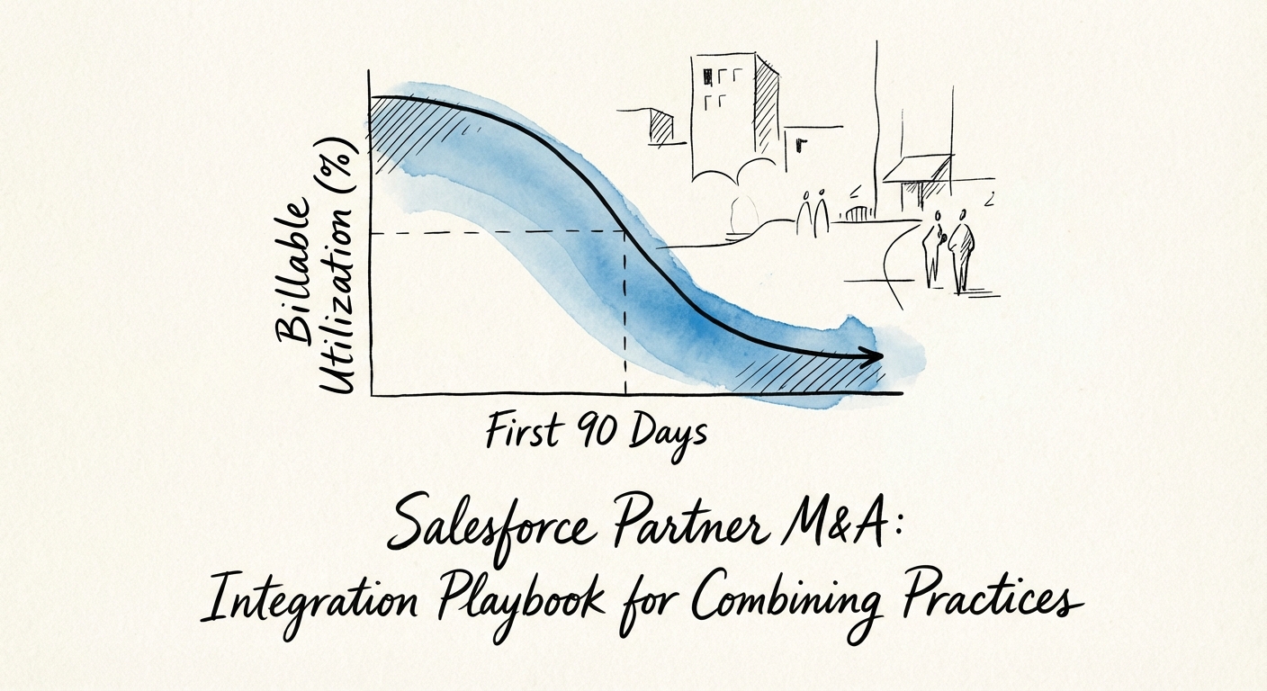 Graph showing the decline in billable utilization rates during the first 90 days of a Salesforce partner acquisition.