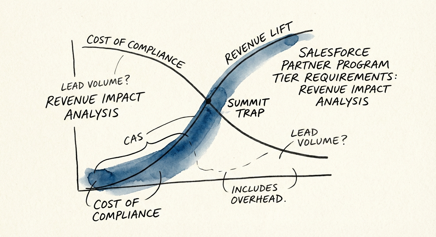 Diagram illustrating the 'Summit Trap' - the cost of compliance vs. revenue lift from channel leads.
