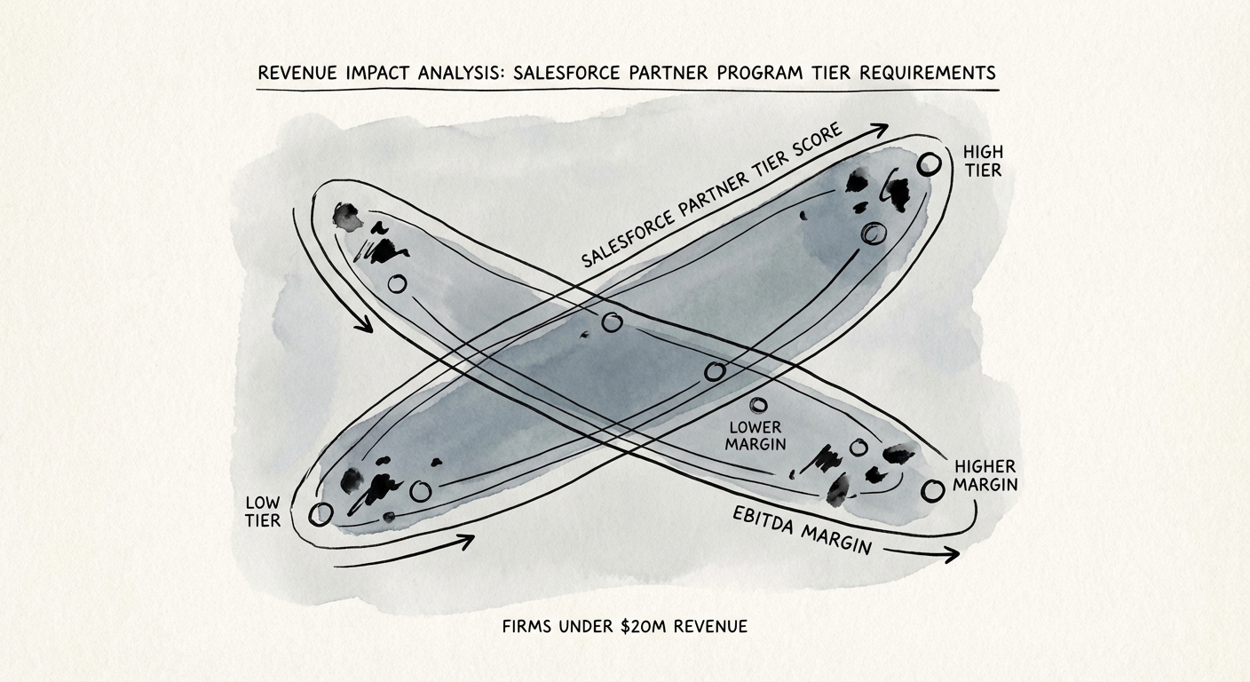 Chart showing the inverse relationship between Salesforce Partner Tier score and EBITDA margin for firms under $20M revenue.