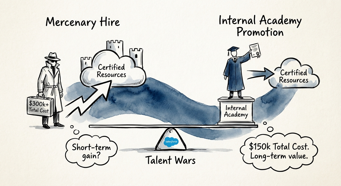 Diagram comparing the cost of a 'Mercenary Hire' ($300k+ total cost) vs. an 'Internal Academy Promotion' ($150k total cost).