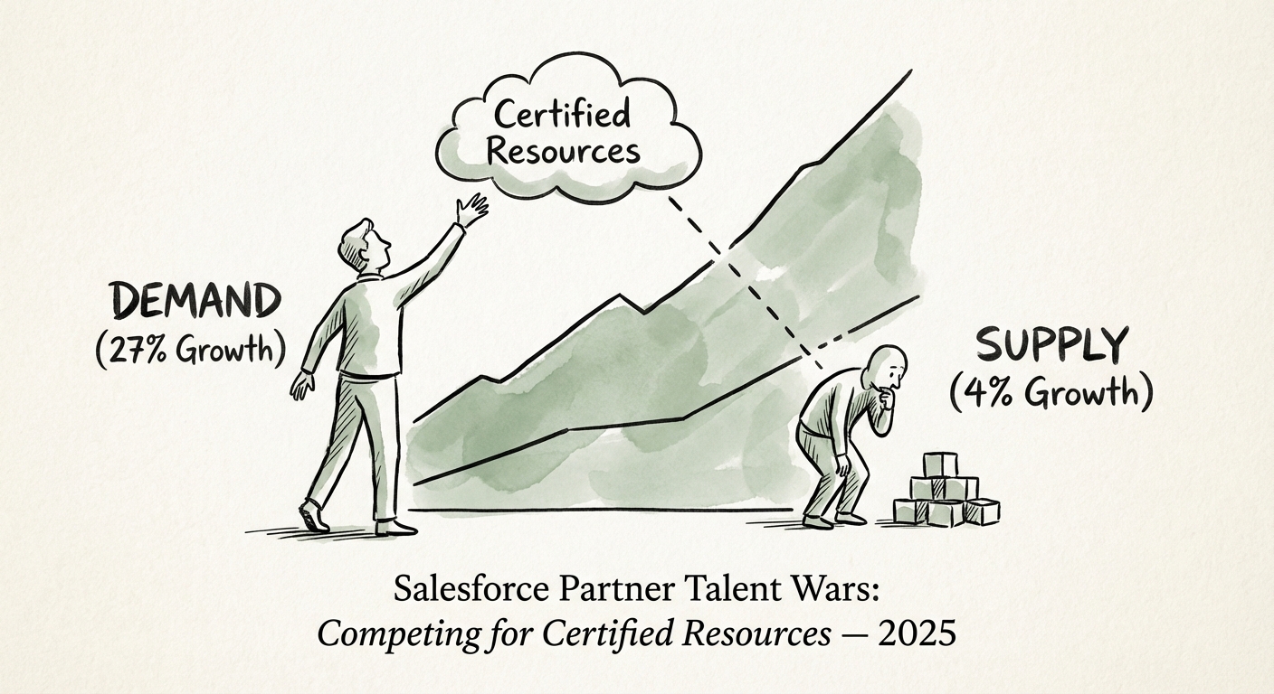 Chart showing the widening gap between Salesforce Technical Architect demand (27% growth) and supply (4% growth) in 2025.