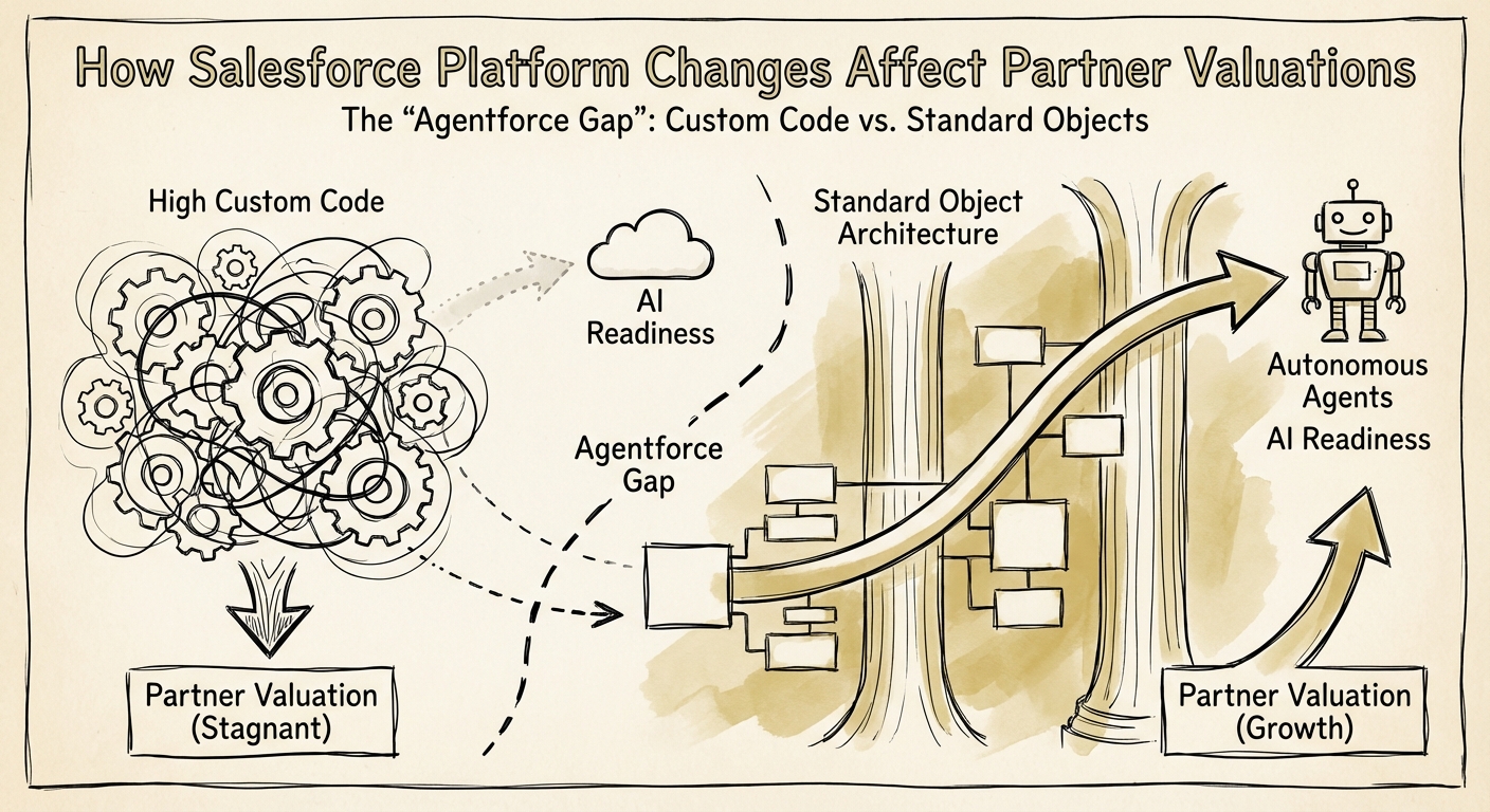 Diagram illustrating the 'Agentforce Gap': High custom code blocking AI readiness vs Standard Object architecture enabling autonomous agents.