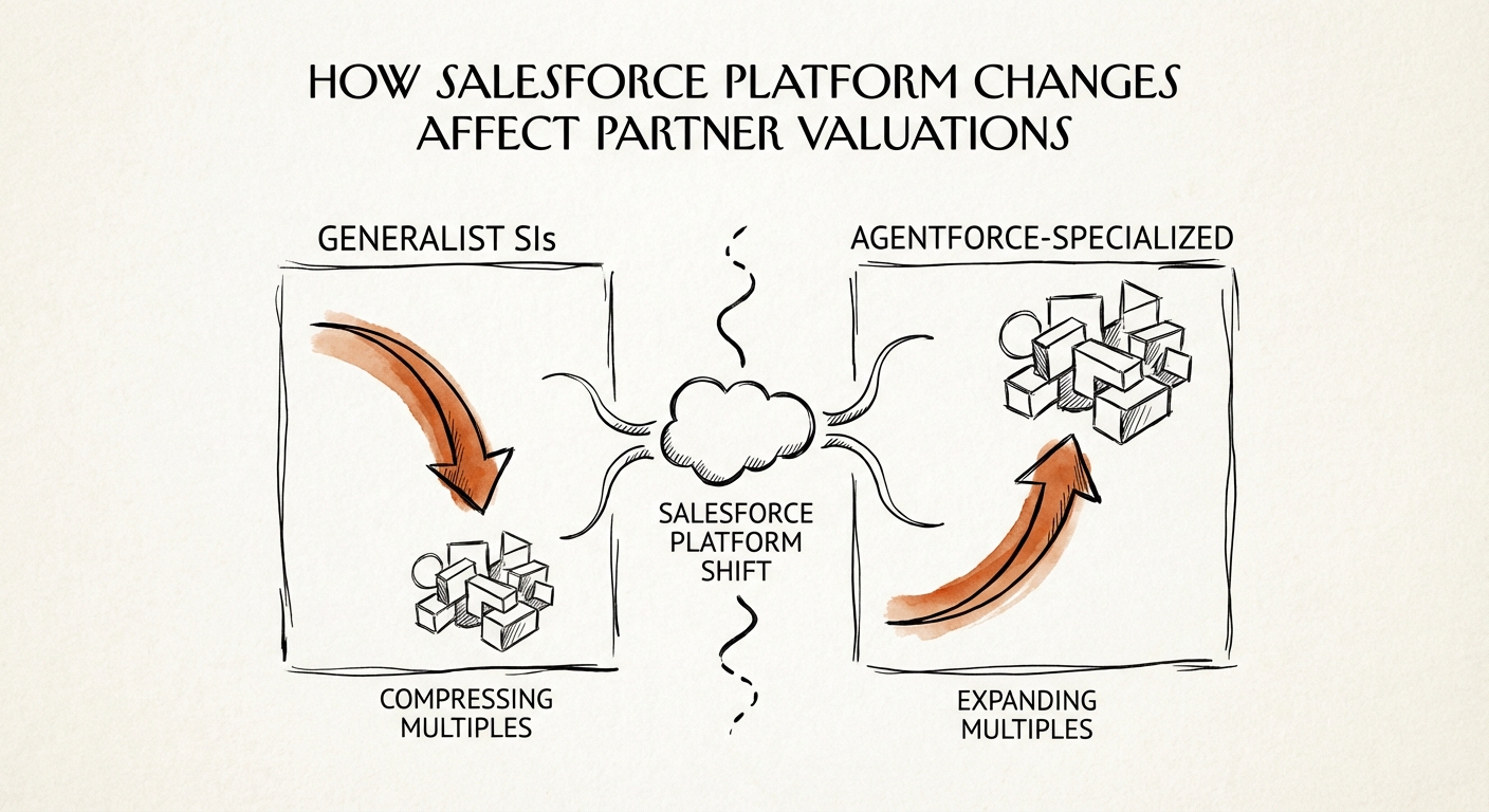 A comparison chart showing Salesforce Partner valuation multiples compressing for Generalist SIs versus expanding for Agentforce-specialized firms.