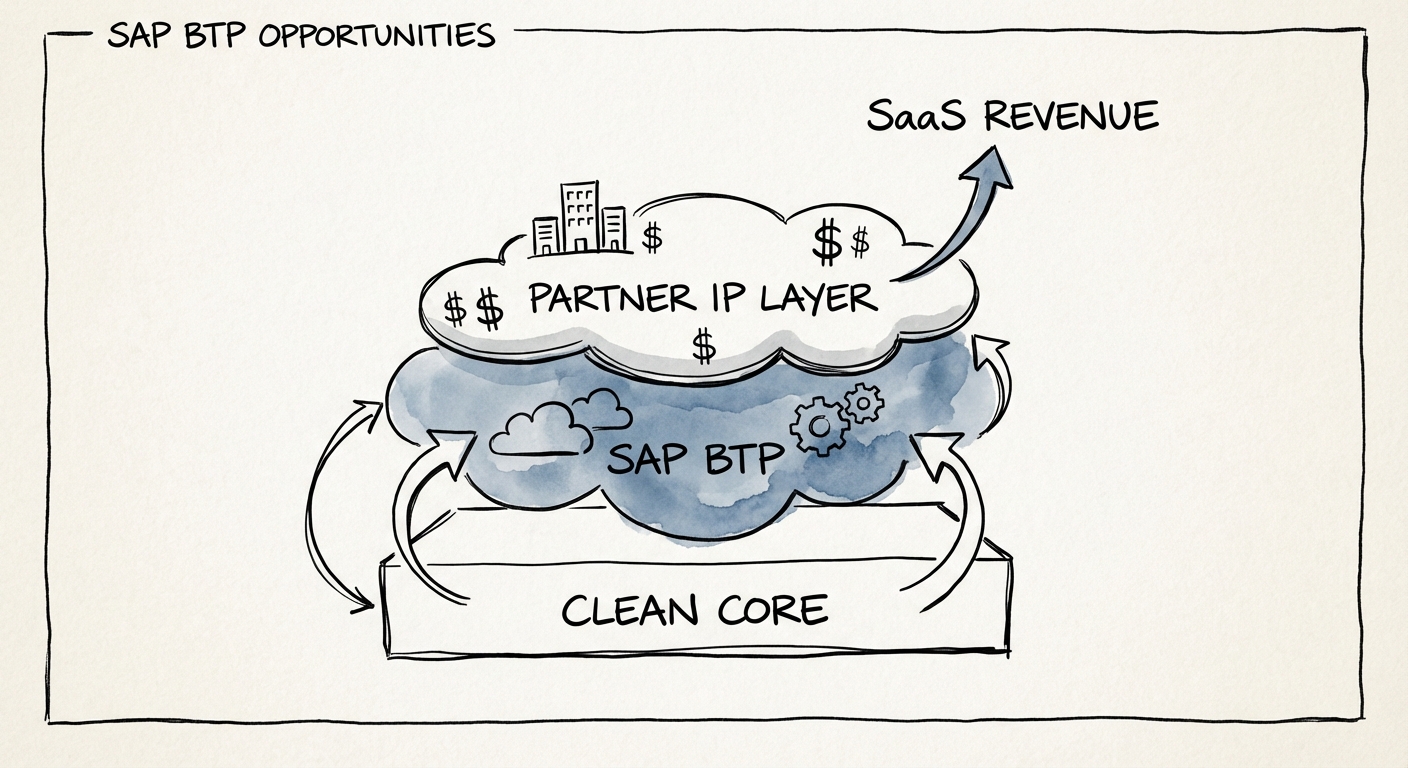 Diagram showing SAP BTP architecture with partner IP layer sitting above the Clean Core