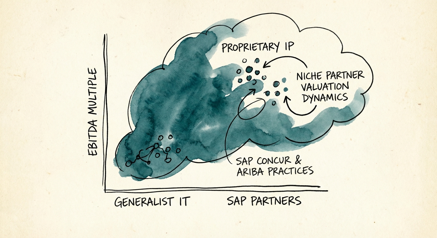 Graph comparing EBITDA multiples of generalist IT consulting firms vs. specialized SAP partners with proprietary IP