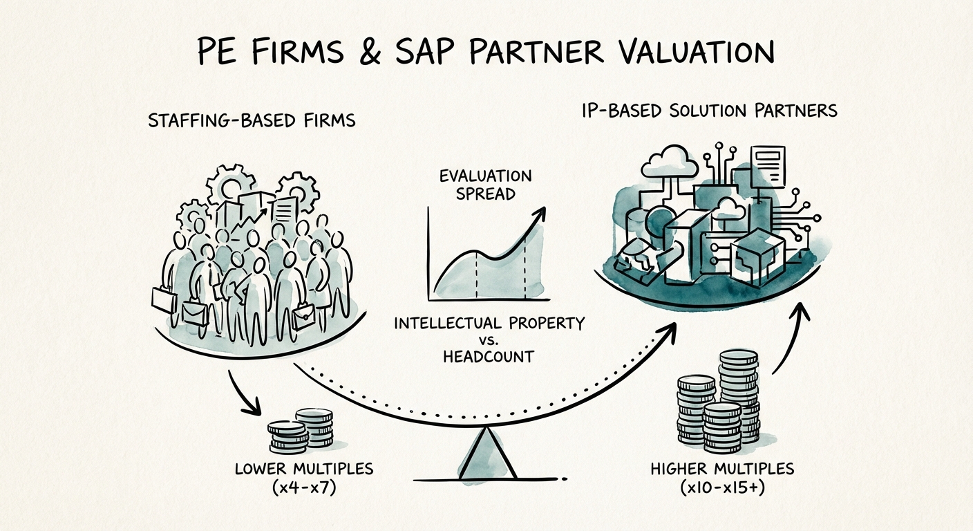 Chart showing the valuation multiple spread between staffing-based SAP firms and IP-based SAP solution partners.