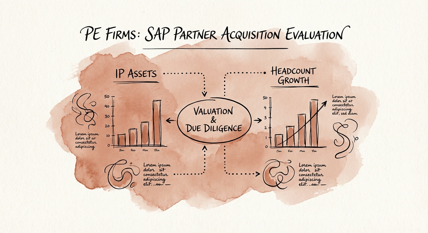 A private equity due diligence dashboard comparing SAP partner valuations based on IP assets versus headcount growth.