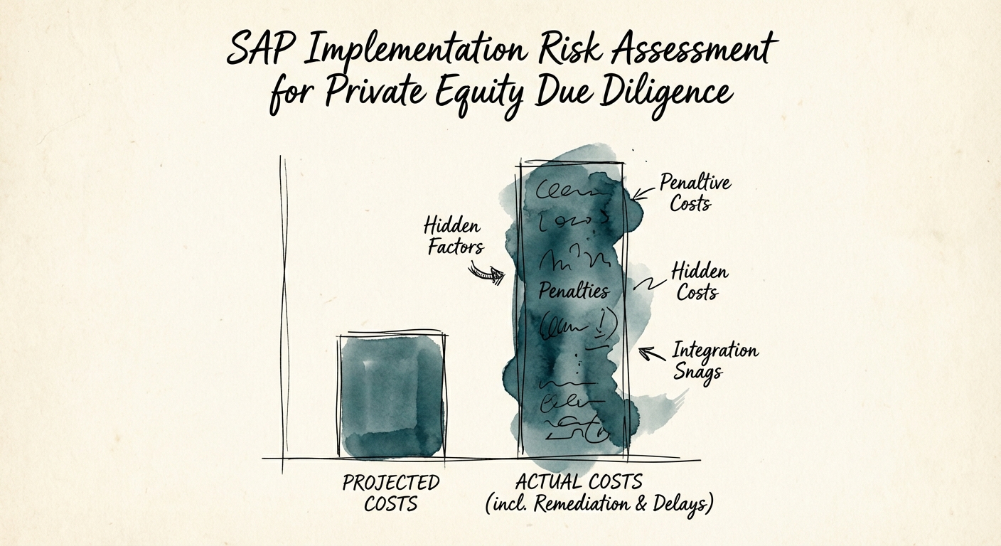 Chart comparing projected ERP implementation costs versus actual costs including remediation and delay penalties.