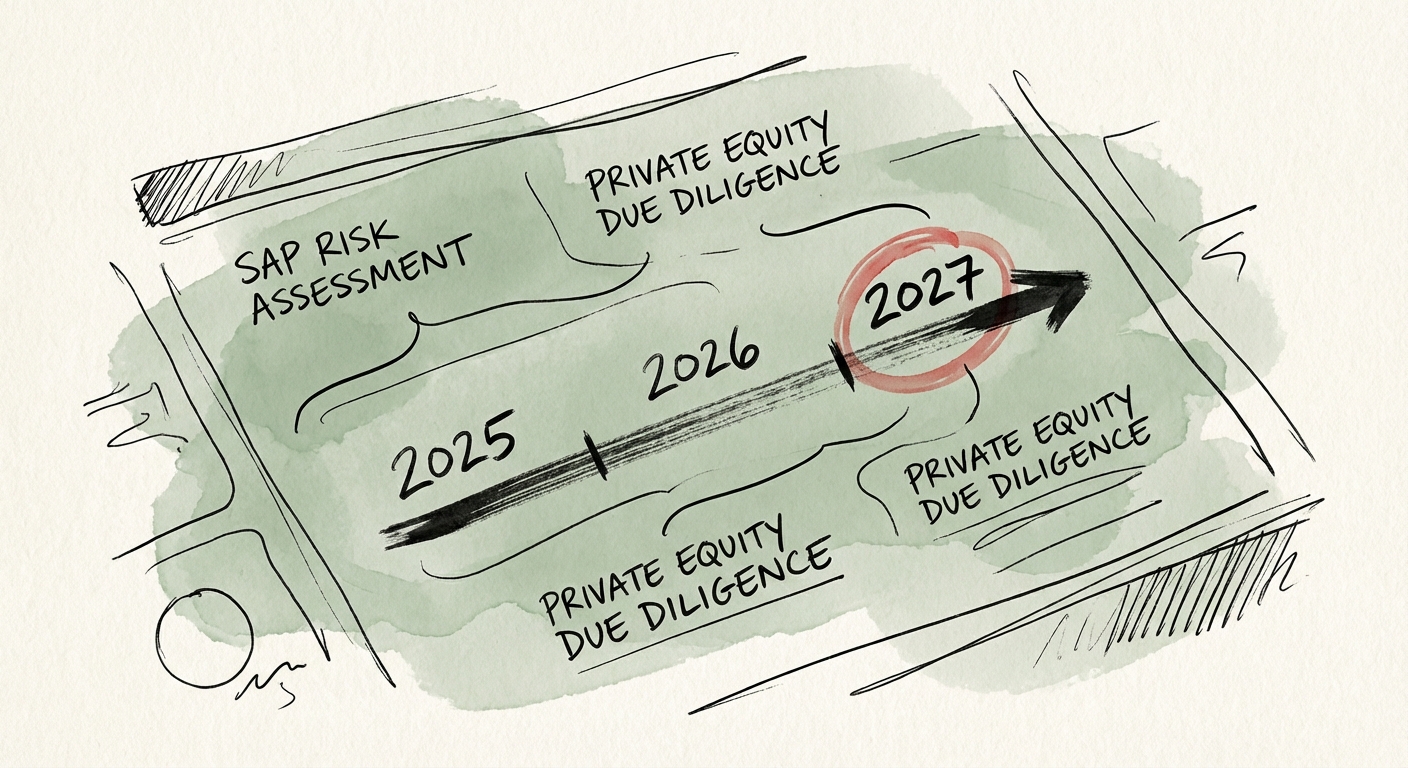 A close-up of a due diligence dashboard showing SAP migration timeline risks, with a red warning indicator over the 2027 deadline.