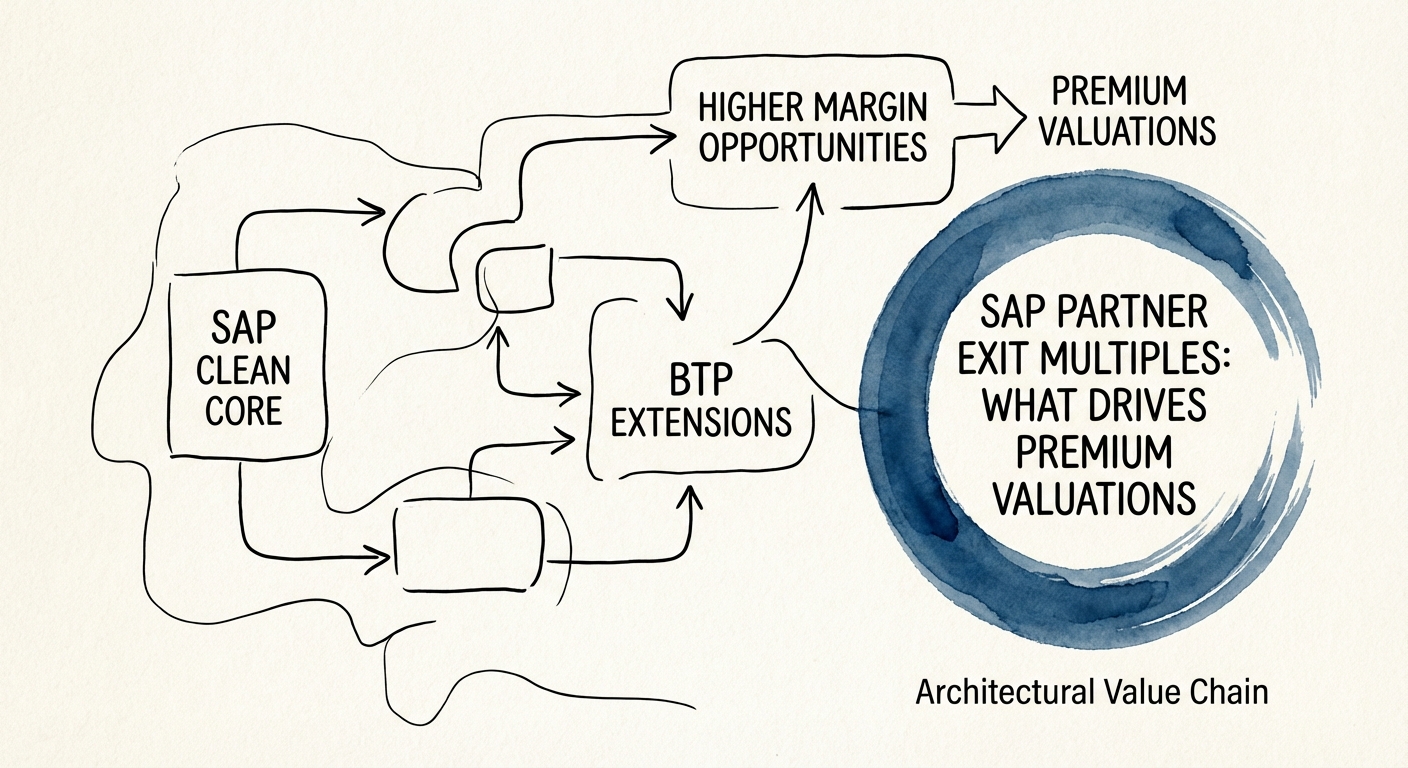 Diagram of SAP Clean Core architecture value chain showing higher margin opportunities in BTP extensions.