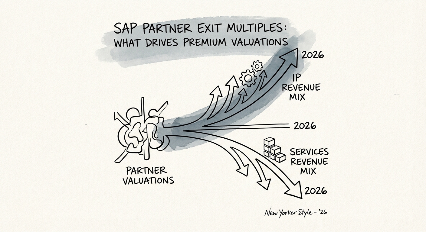 Graph showing divergence of SAP partner valuation multiples based on IP vs Services revenue mix in 2026.