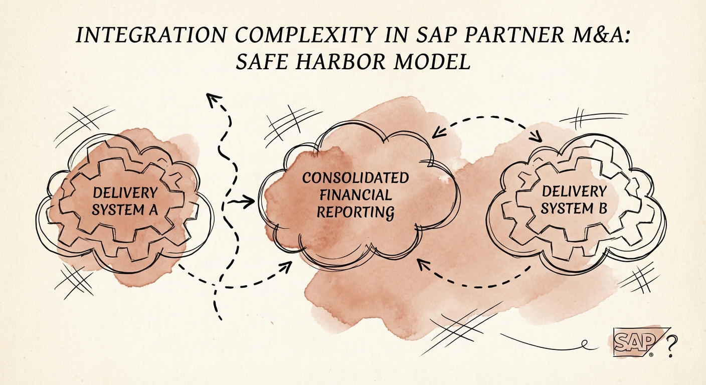 Diagram illustrating the 'Safe Harbor' integration model: keeping delivery systems separate while consolidating financial reporting.