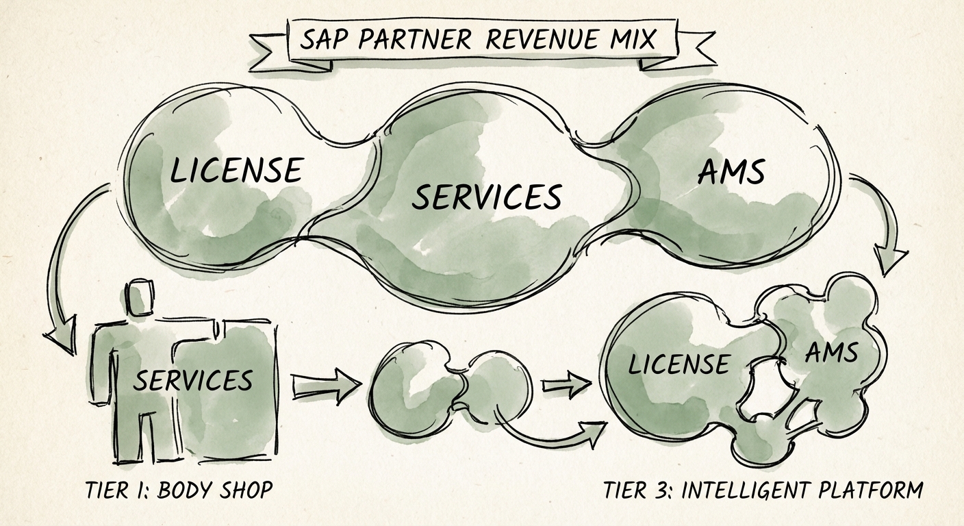 Diagram illustrating the transition from Tier 1 Body Shop to Tier 3 Intelligent Platform partner model.