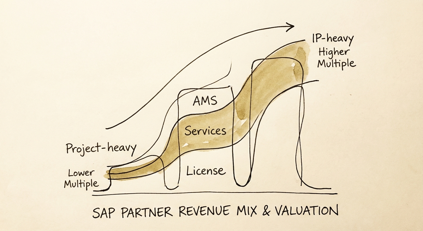 Chart showing valuation multiples for SAP Partners based on revenue mix: Project-heavy vs IP-heavy.