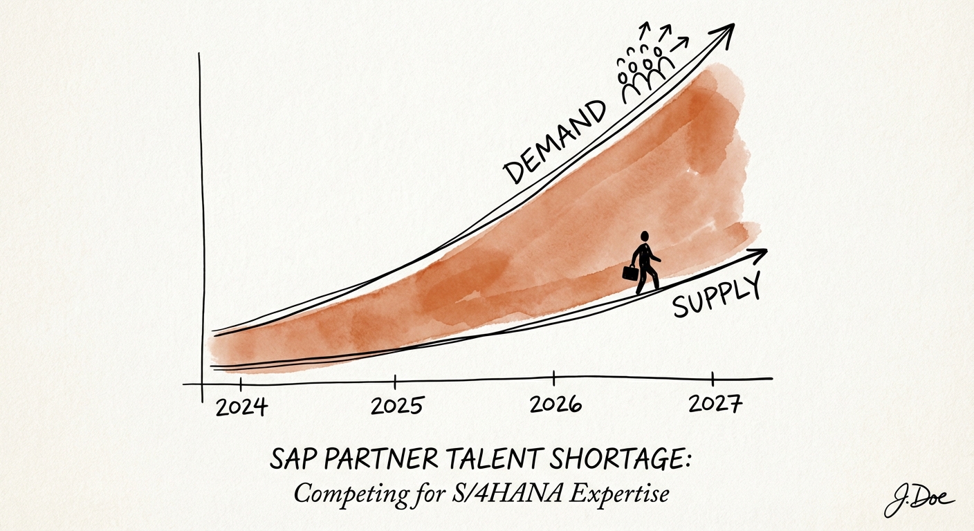 Graph showing the widening gap between SAP S/4HANA migration demand and available certified consultant supply from 2024 to 2027.